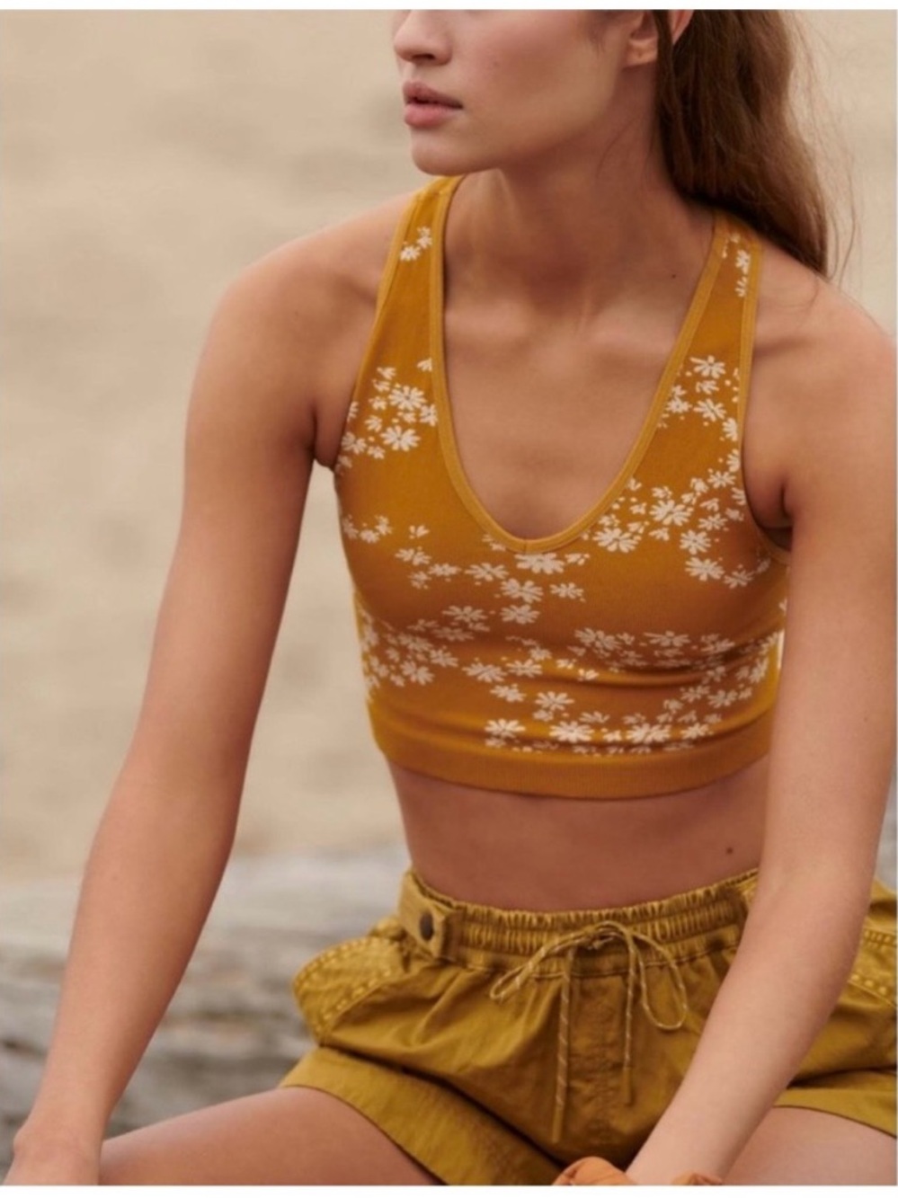 FP Movement by Free People Mustard Floral Scoop Sports Bra